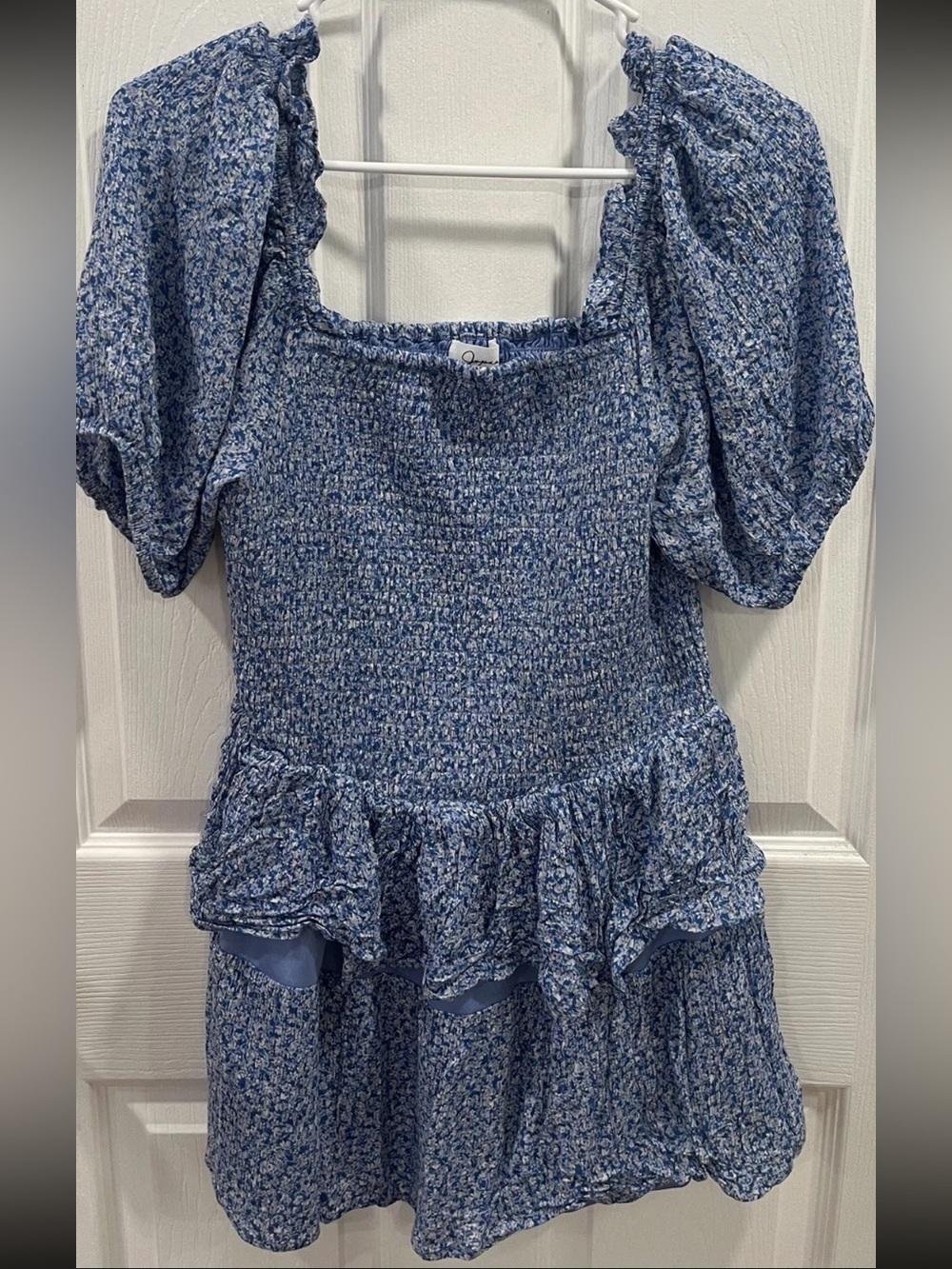 Japna Blue Floral Smocked Tiered Ruffle Dress Women's Medium Cottagecore Boho